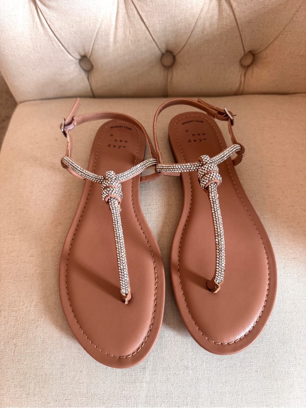 a new day Tan T-Strap Sandals with Rhinestone Knot Detail